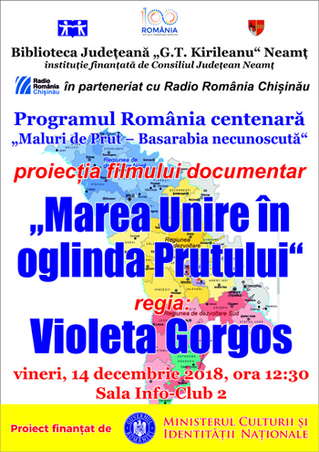 Proiecția documentarului „Marea Unire în oglinda Prutului“ la Biblioteca Județeană Neamt