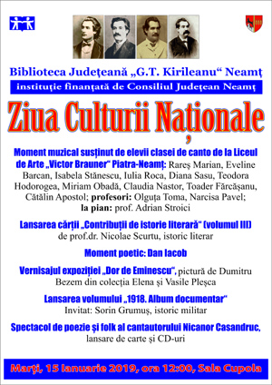 Multiple activități pentru sărbătorirea Zilei Culturii Naționale, la Biblioteca Județeană Neamţ